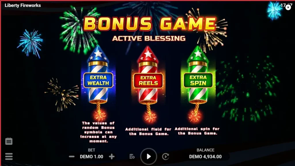 Tampilan visual slot Liberty Fireworks 3 Pots dengan simbol kembang api dan elemen patriotik