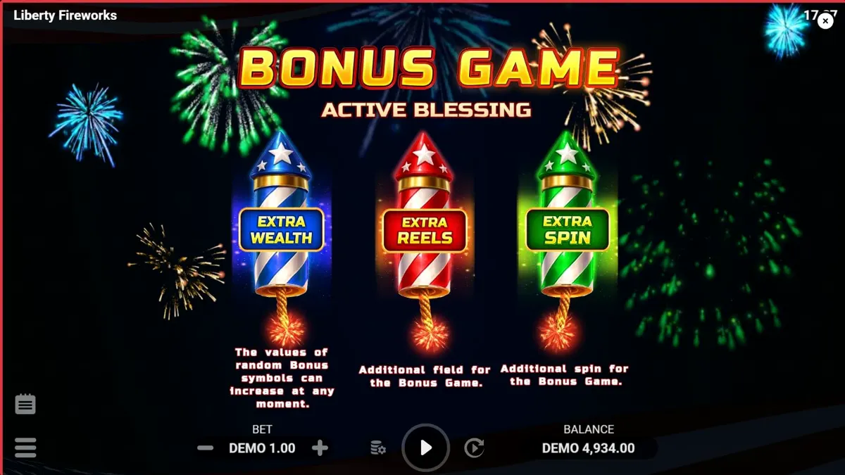 Tampilan visual slot Liberty Fireworks 3 Pots dengan simbol kembang api dan elemen patriotik
